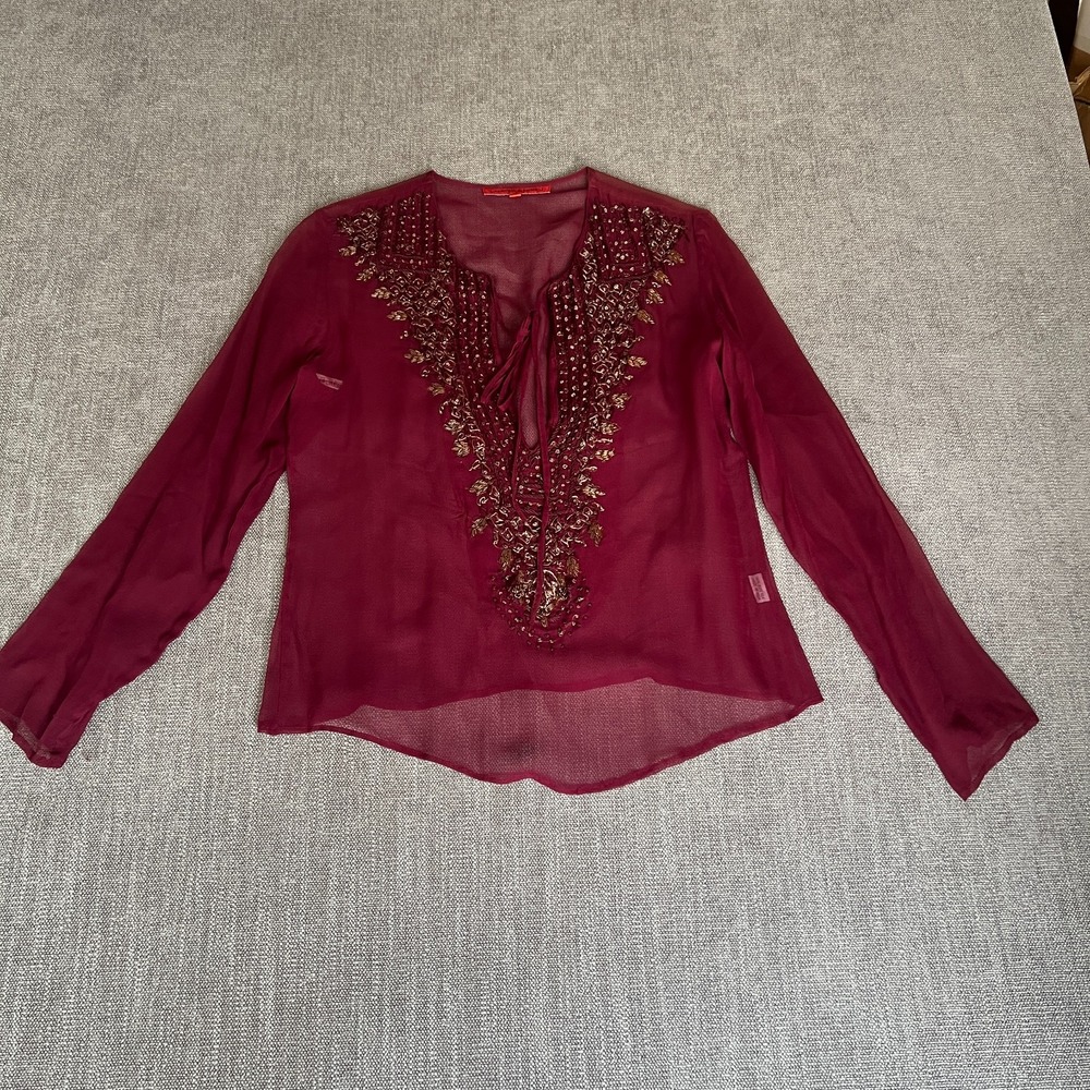 Lapetina & Lomeli Beaded Blouse Top Womens M Burgundy Silk Bohemian Lightweight